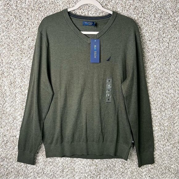 Nautica Sweater Men’s Medium NavTech Dark Green Long Sleeve V-Neck NWT - Picture 1 of 5